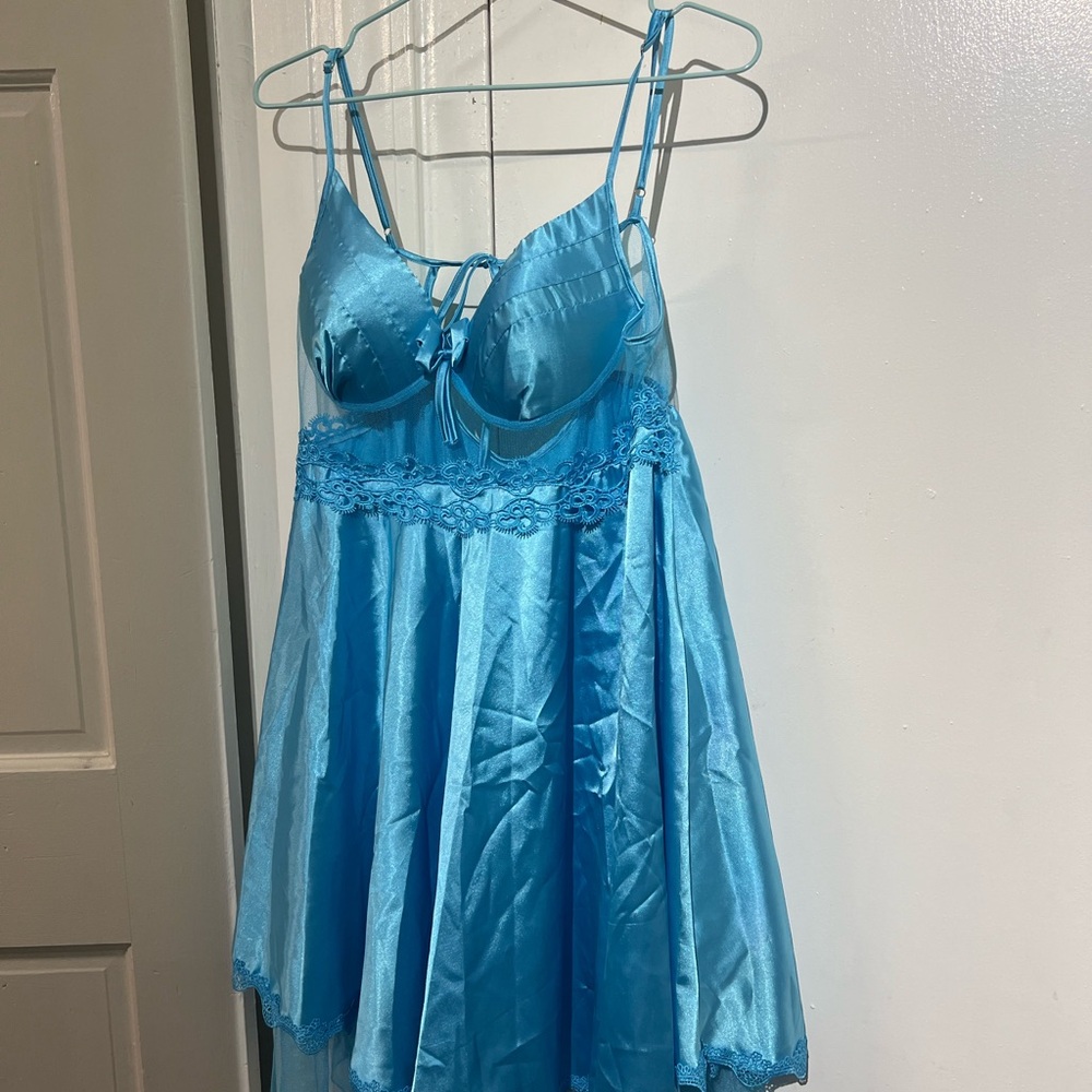 Blue Satin Lace Trim Chemise Nightdress